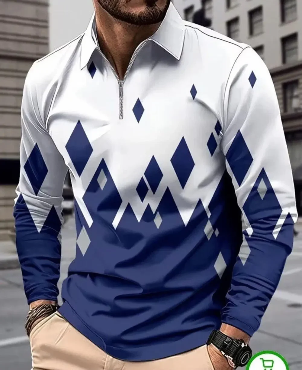 Men's Long Sleeve Polo Golf Shirt Geometric Grid Gradient Zip Collar Fashion Tee